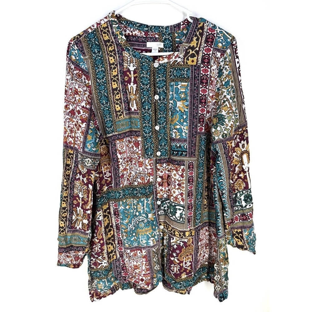 J.Jill Peasant Blouse Lightweight Long Sleeve Flowy Size M Button Front Boho